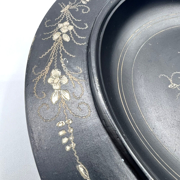 Vintage Matte Black Metal Ashtray With Gold Toned Etched Floral Designs, Boho - Picture 5 of 10